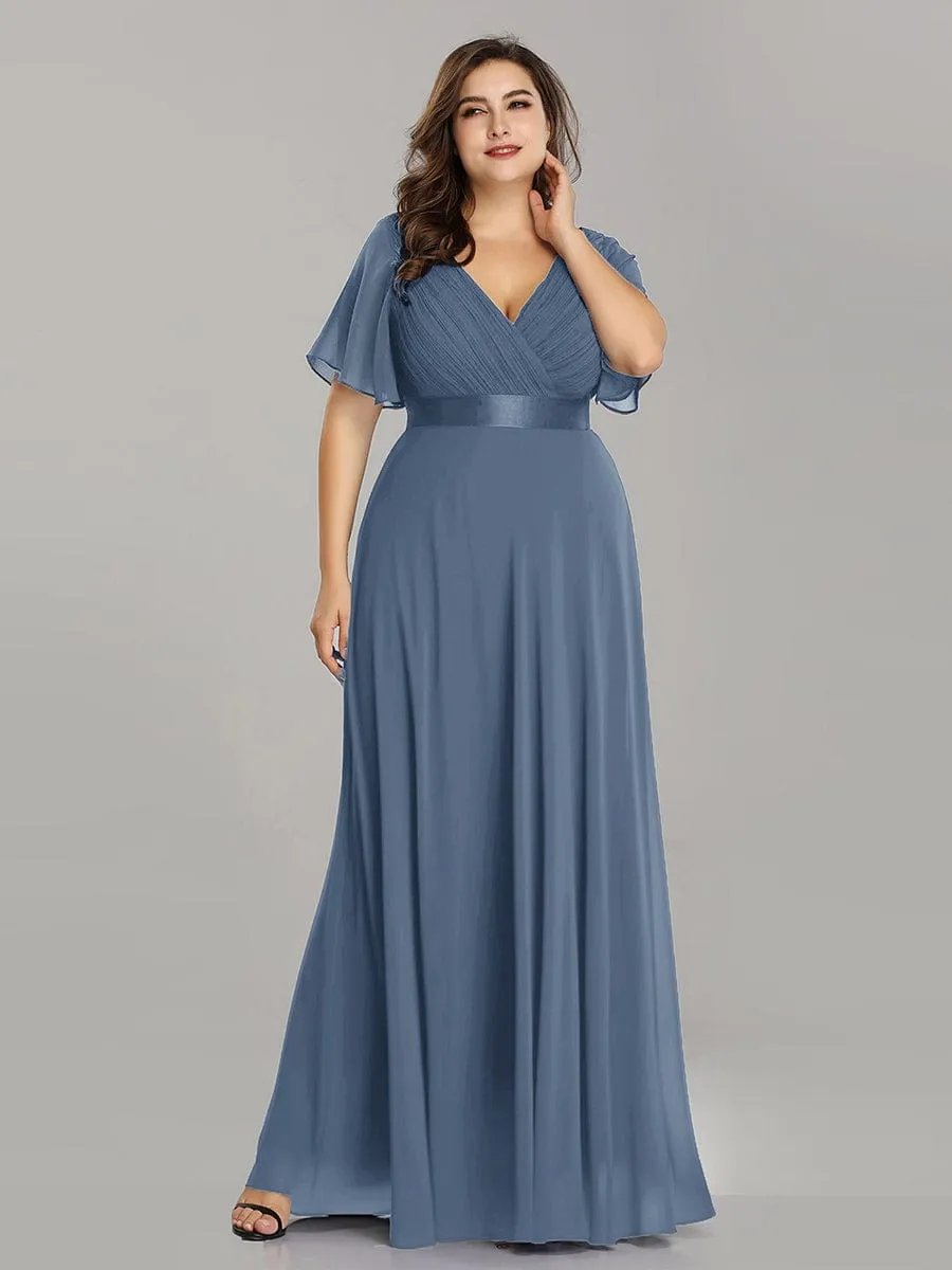 Monica | Long Chiffon Empire Waist Bridesmaid Dress with Short Flutter Sleeves