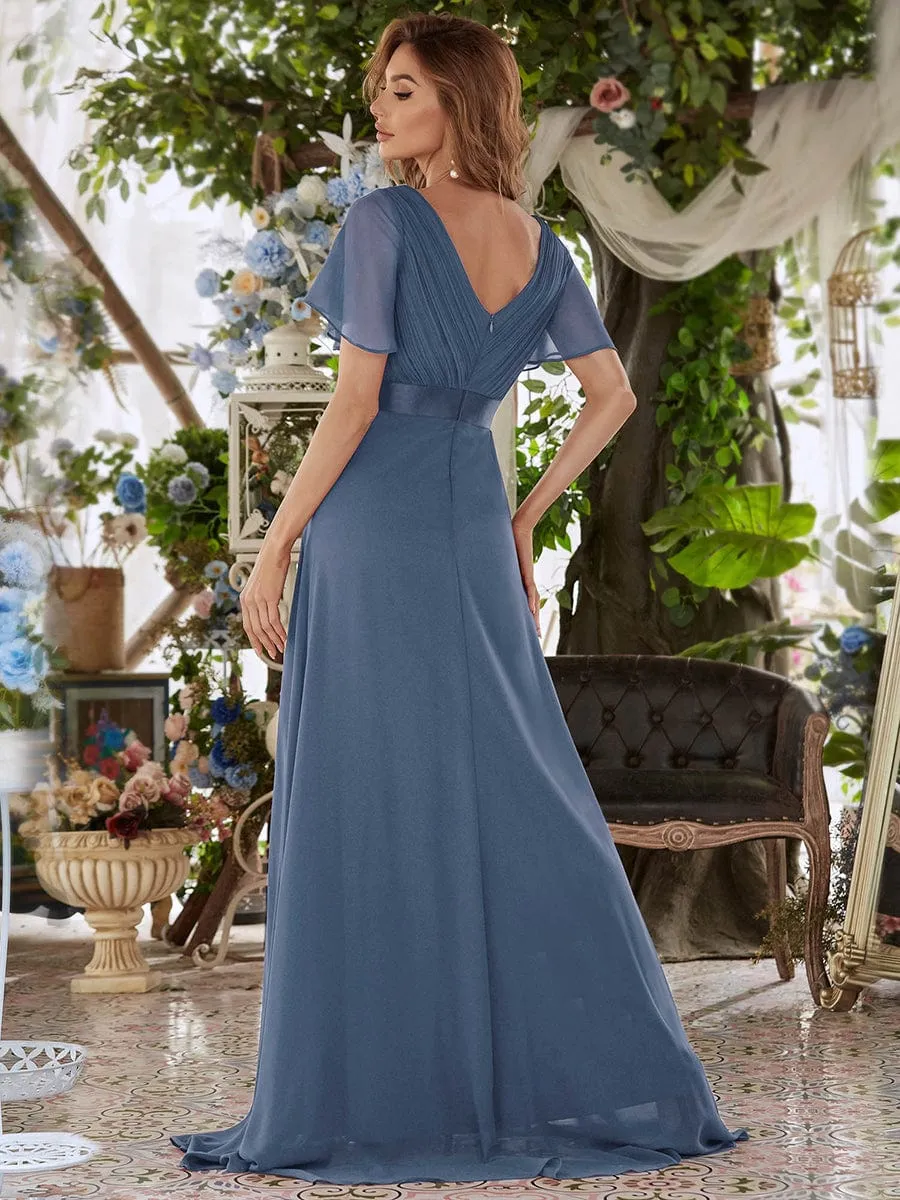 Monica | Long Chiffon Empire Waist Bridesmaid Dress with Short Flutter Sleeves