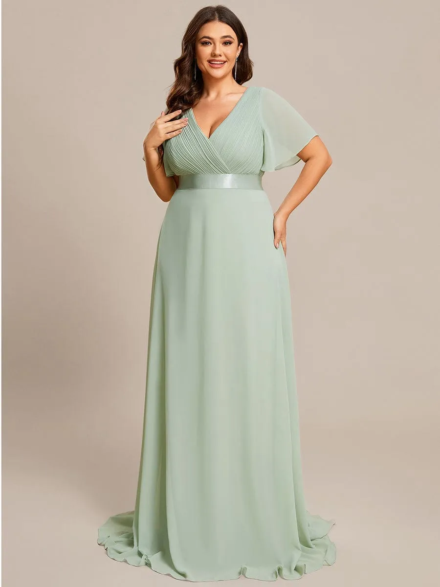 Monica | Long Chiffon Empire Waist Bridesmaid Dress with Short Flutter Sleeves