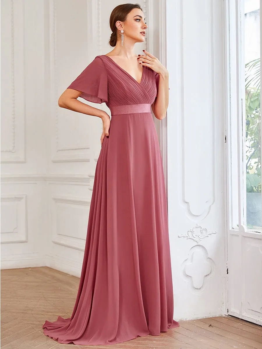 Monica | Long Chiffon Empire Waist Bridesmaid Dress with Short Flutter Sleeves