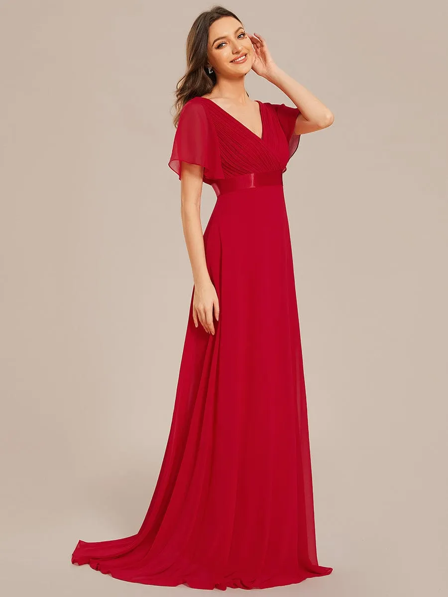 Monica | Long Chiffon Empire Waist Bridesmaid Dress with Short Flutter Sleeves