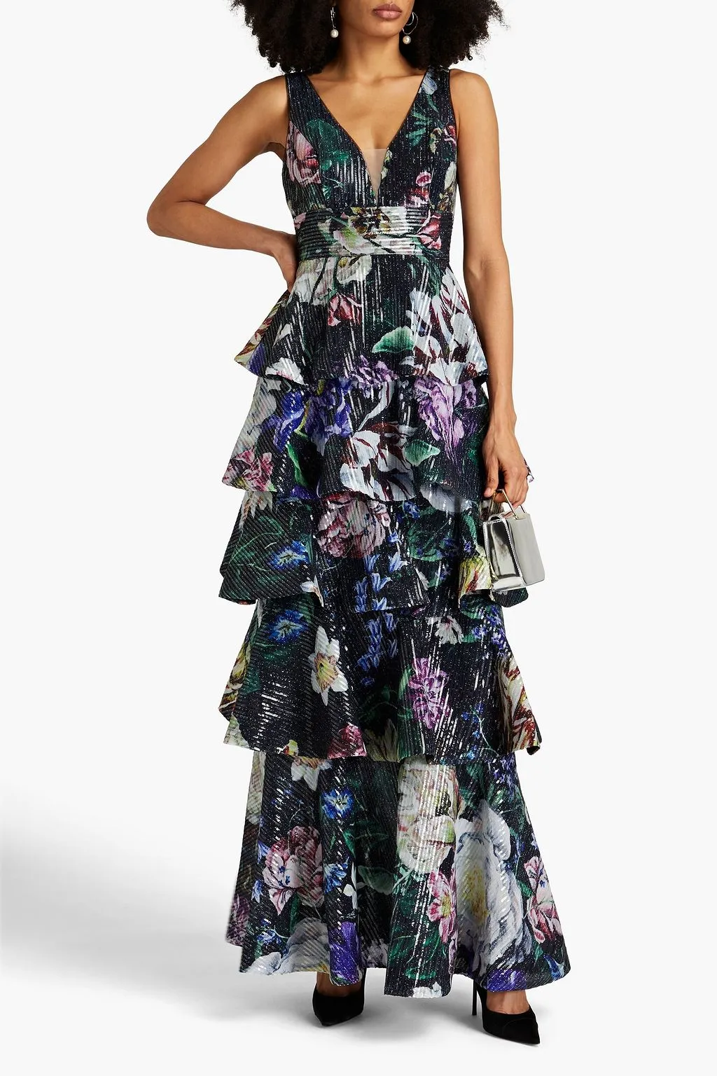 Multi-tiered chiffon dress with floral print and decoration. MARCHESA NOTTE, black