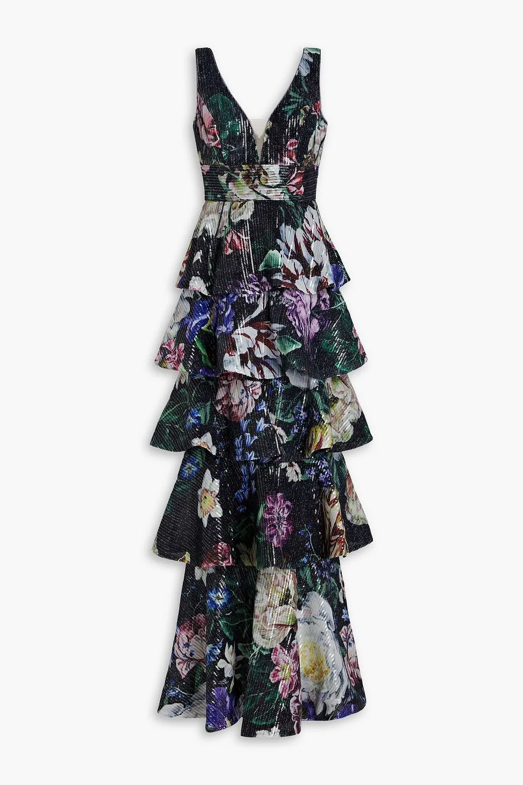 Multi-tiered chiffon dress with floral print and decoration. MARCHESA NOTTE, black