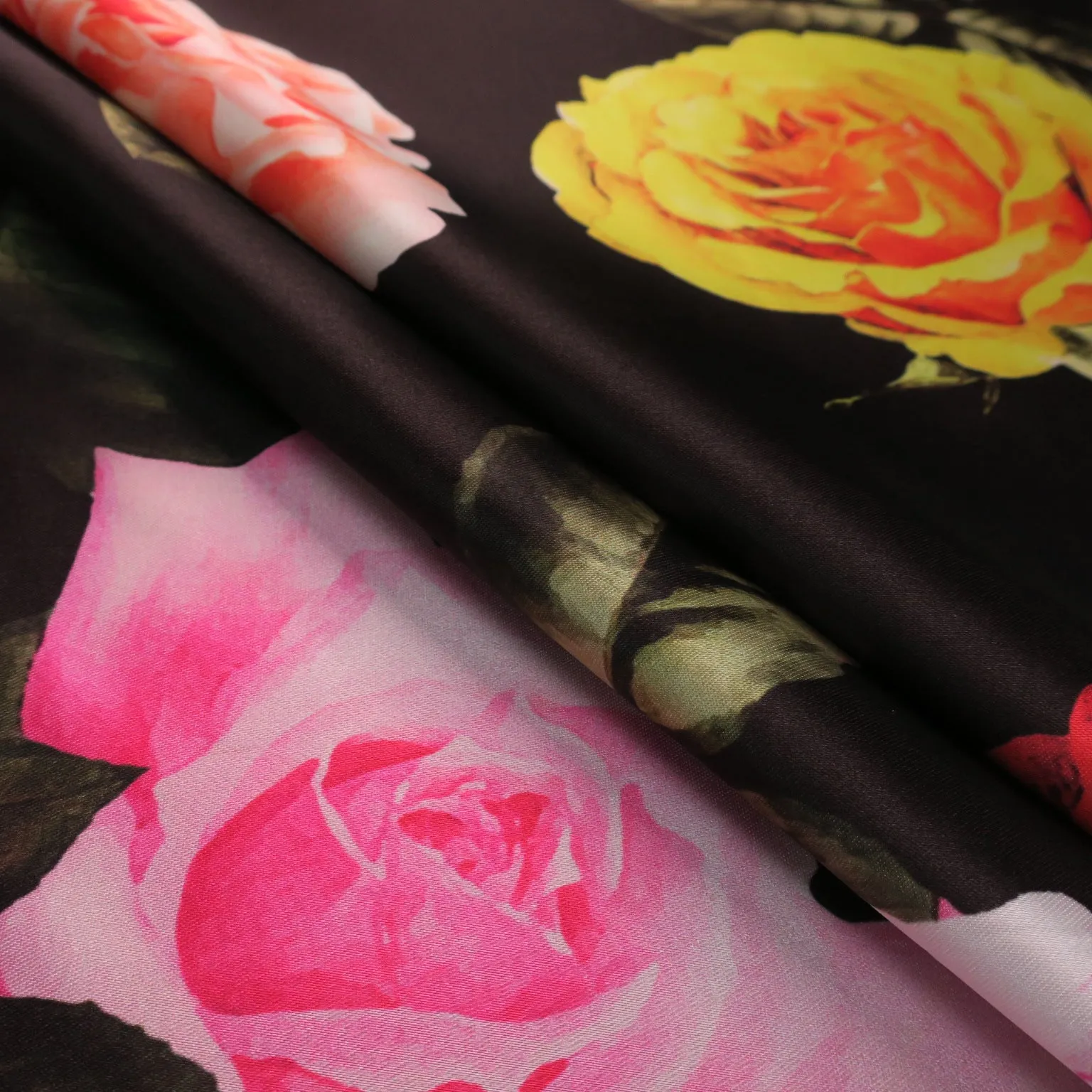 Multicolored Roses on Black Printed Polyester Mikado Fabric