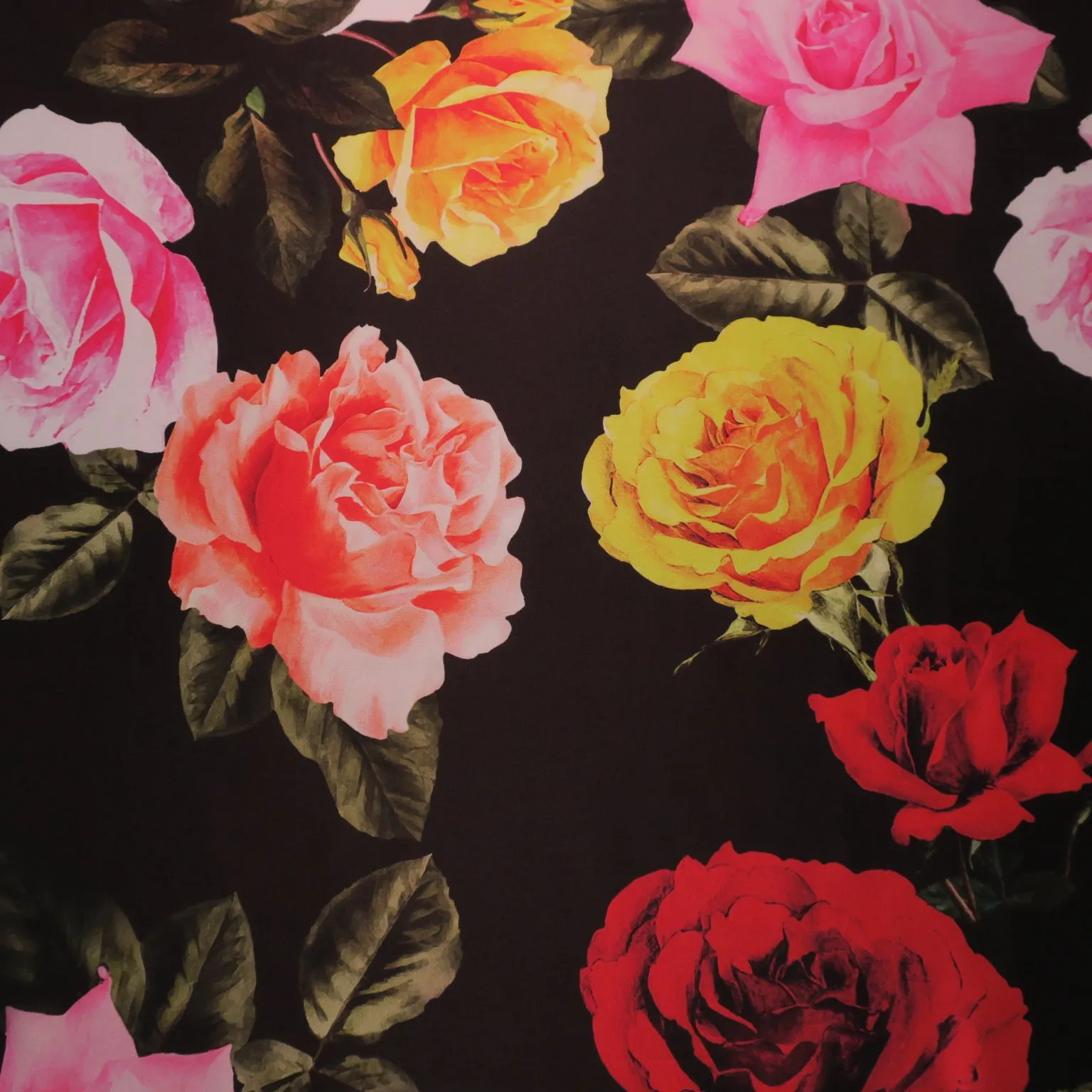 Multicolored Roses on Black Printed Polyester Mikado Fabric