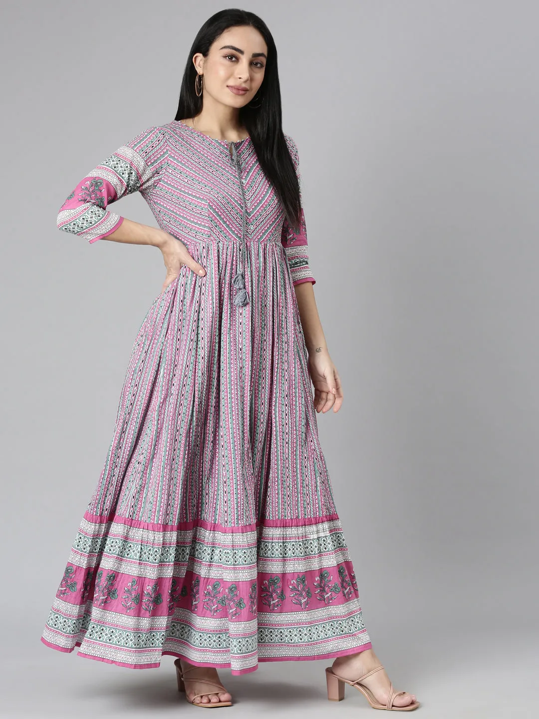 Neerus Pink Curved Casual Ethnic Motifs Maxi Dresses