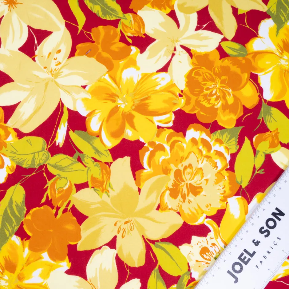 Orange & Yellow Floral Printed Deep Cherry Red Pure Cotton