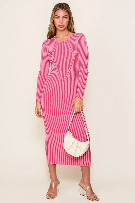 Pink Combo 2 Tone Ribbed Midi Dress