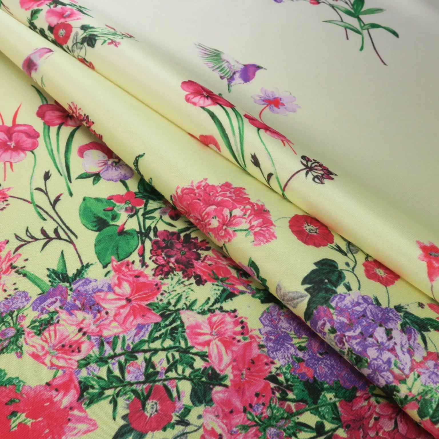 Pink Floral on Light Yellow Printed Polyester Mikado Fabric