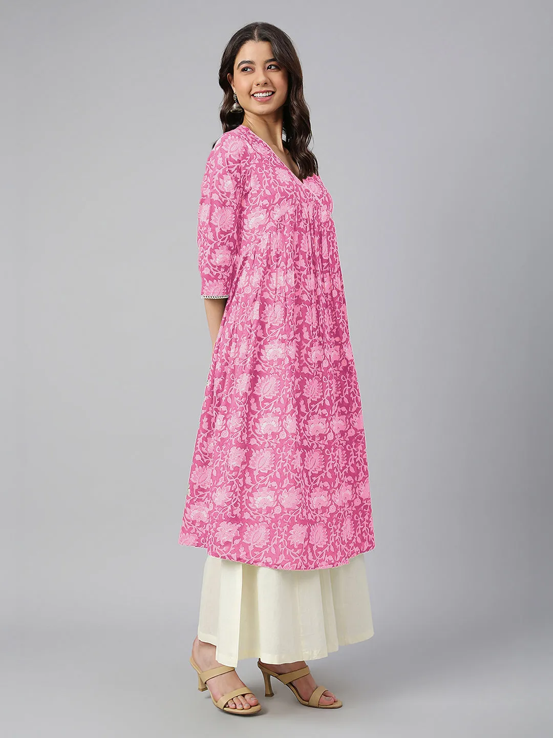 Pink Pure Cotton Floral Printed Flared Kurta