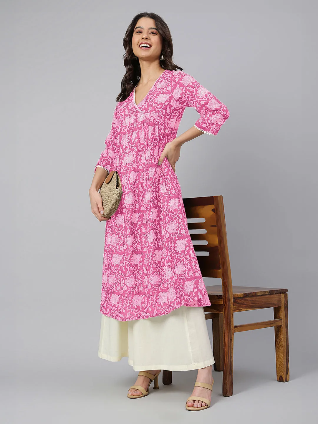 Pink Pure Cotton Floral Printed Flared Kurta