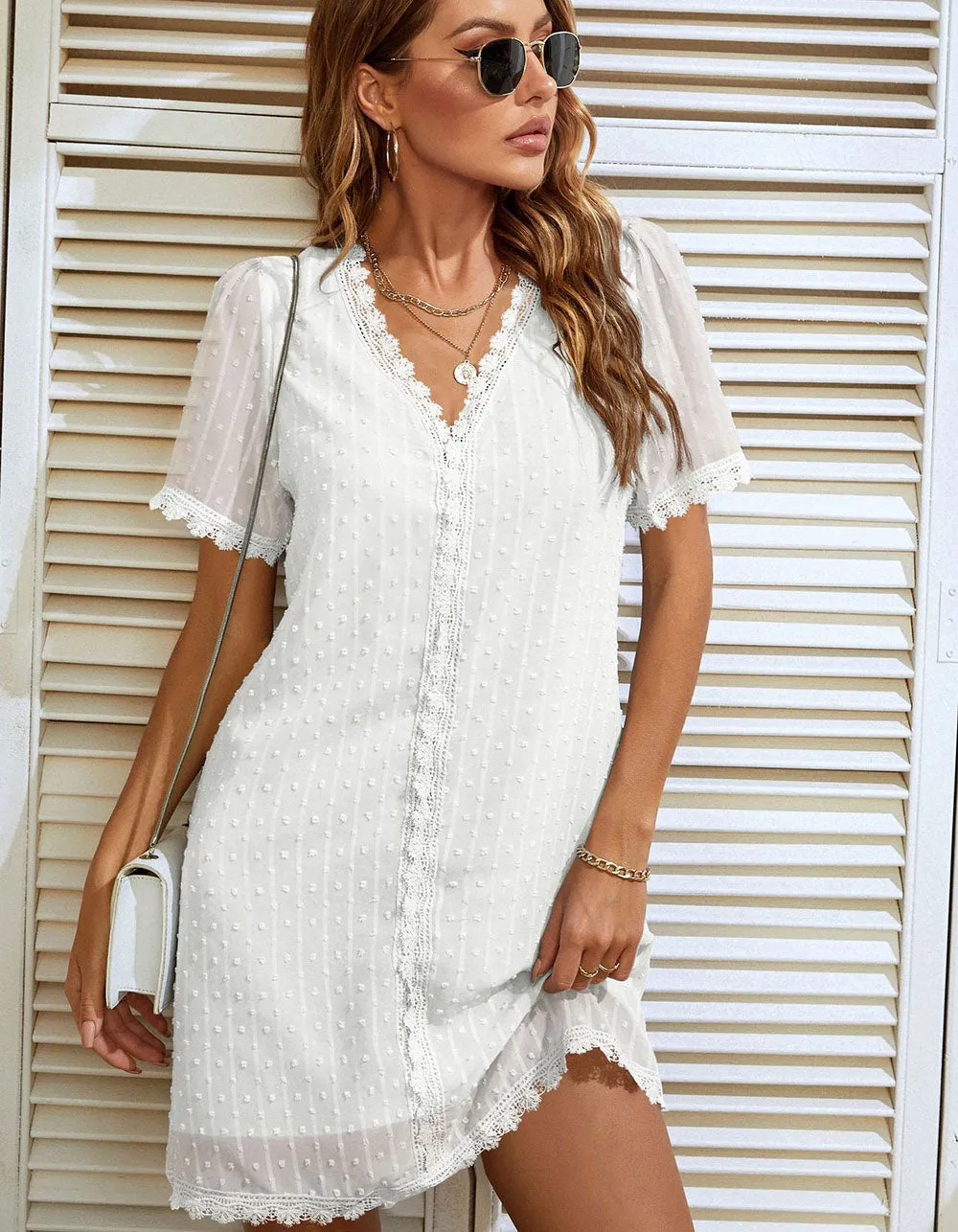 Plain V Neck Short Sleeve Lace Straight Short A-Line Dresses