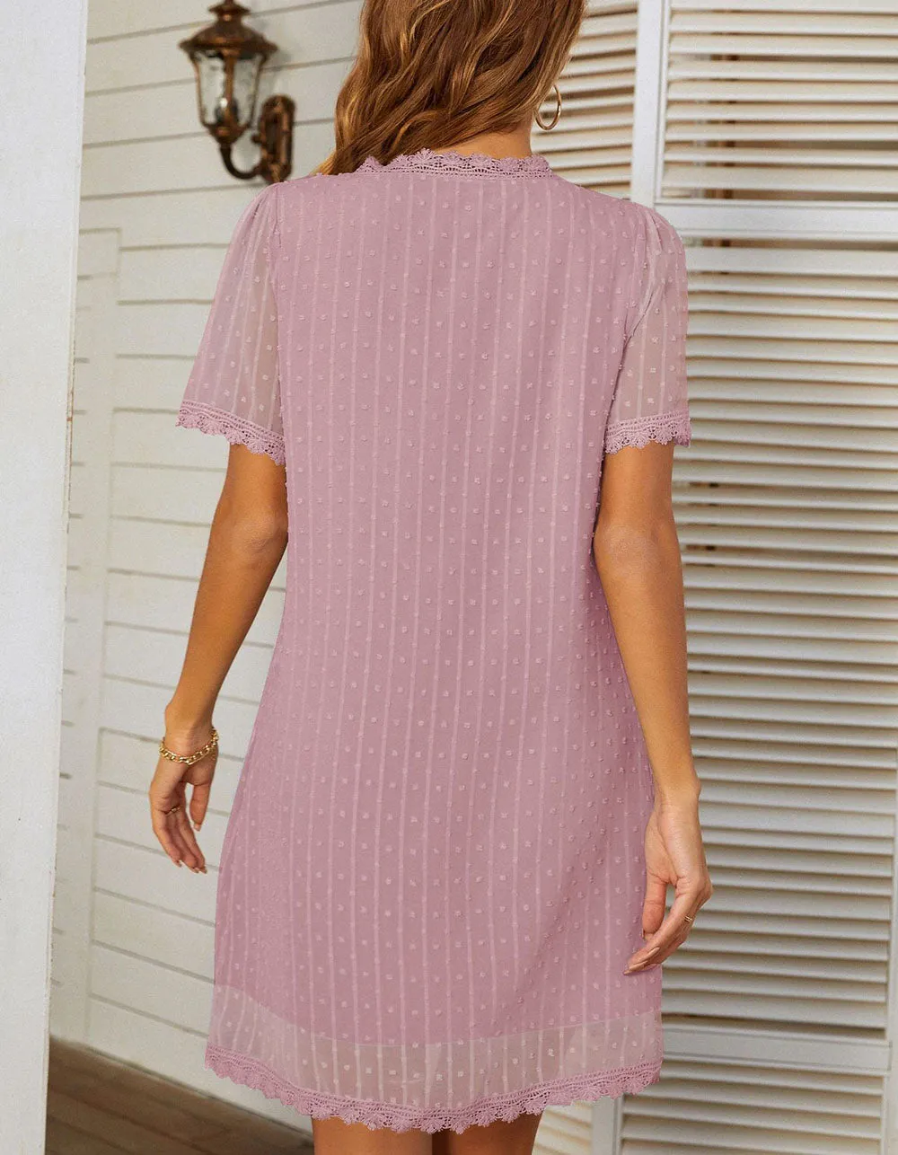 Plain V Neck Short Sleeve Lace Straight Short A-Line Dresses