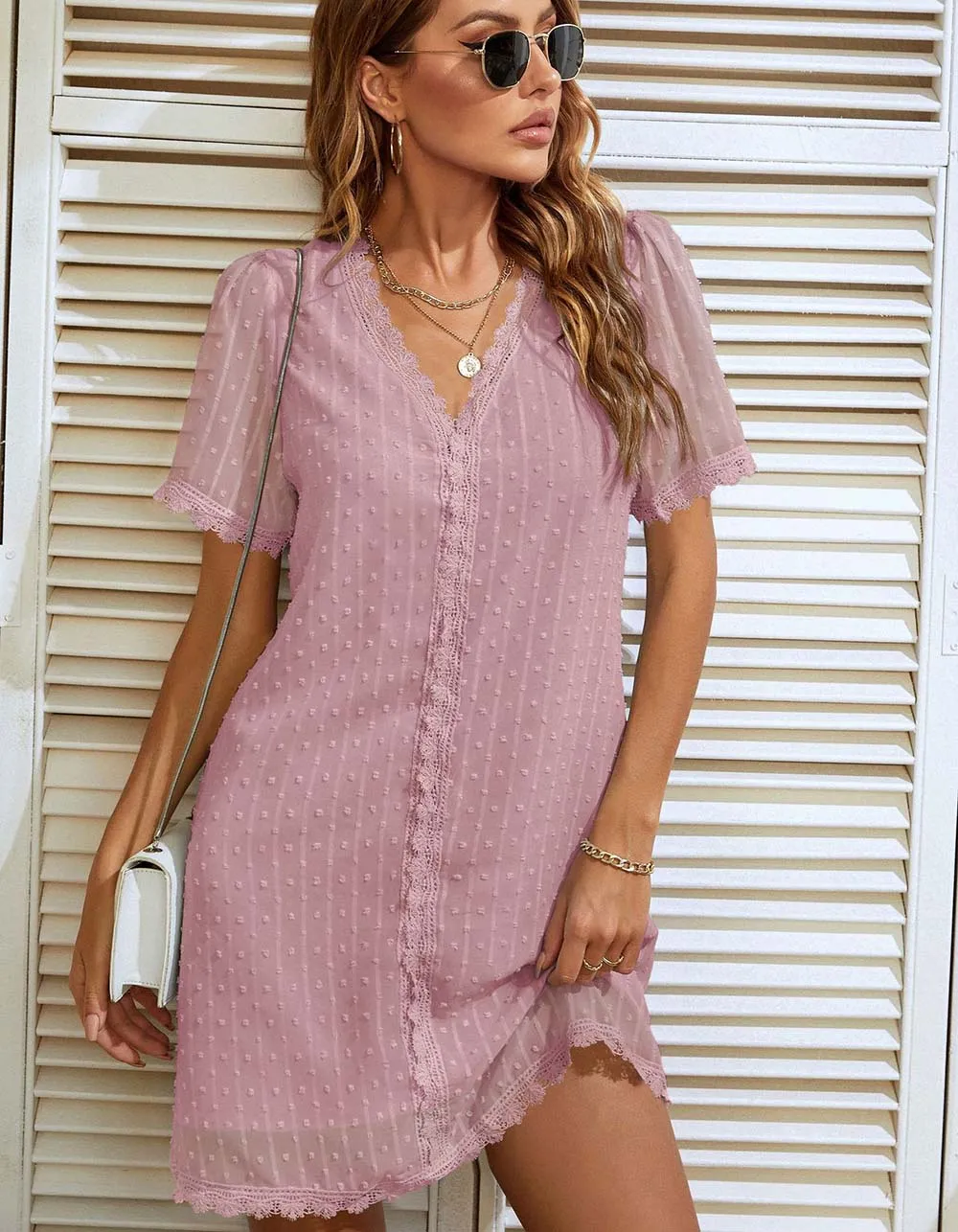 Plain V Neck Short Sleeve Lace Straight Short A-Line Dresses