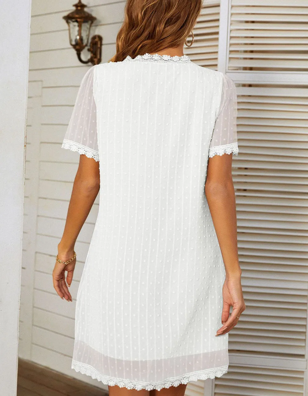 Plain V Neck Short Sleeve Lace Straight Short A-Line Dresses