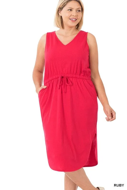 PLUS POLY COTTON DRAWSTRING WAIST CURVED HEM DRESS