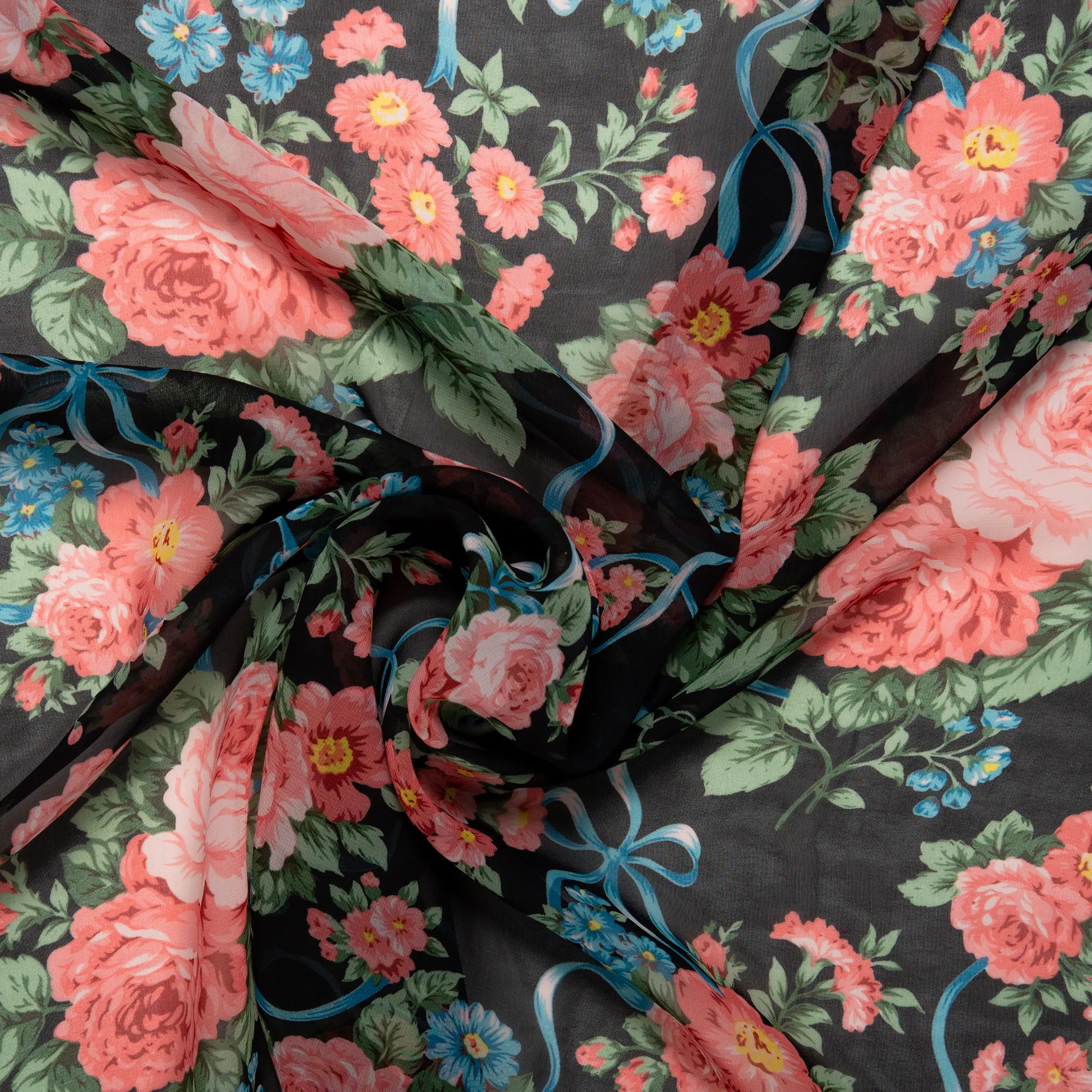 Printed Chiffon - CHANDA - Roses - Black / Pink