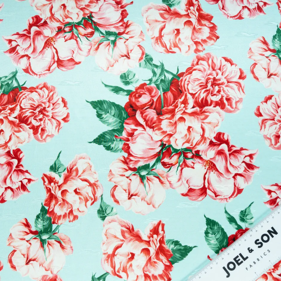 Red Floral Printed Aqua Silk Twill Jacquard