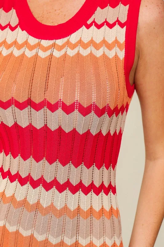 Red/Orange Combo Multicolored Chevron Bodycon Midi Knit Dress