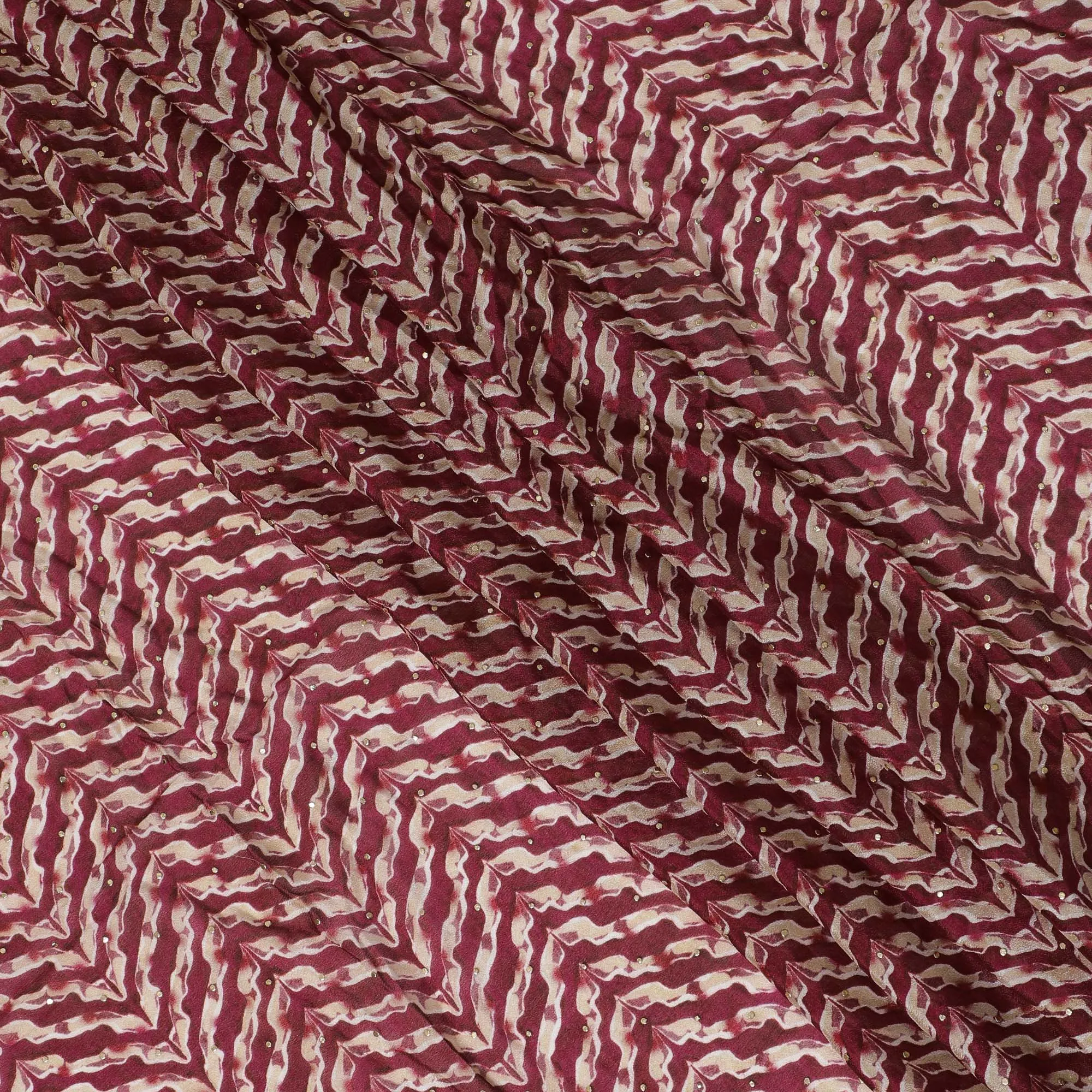 Rich Maroon Chevron Patterned Synthetic Cotton Lawn Fabric with Embroidery - 110 cm Wide - D19608