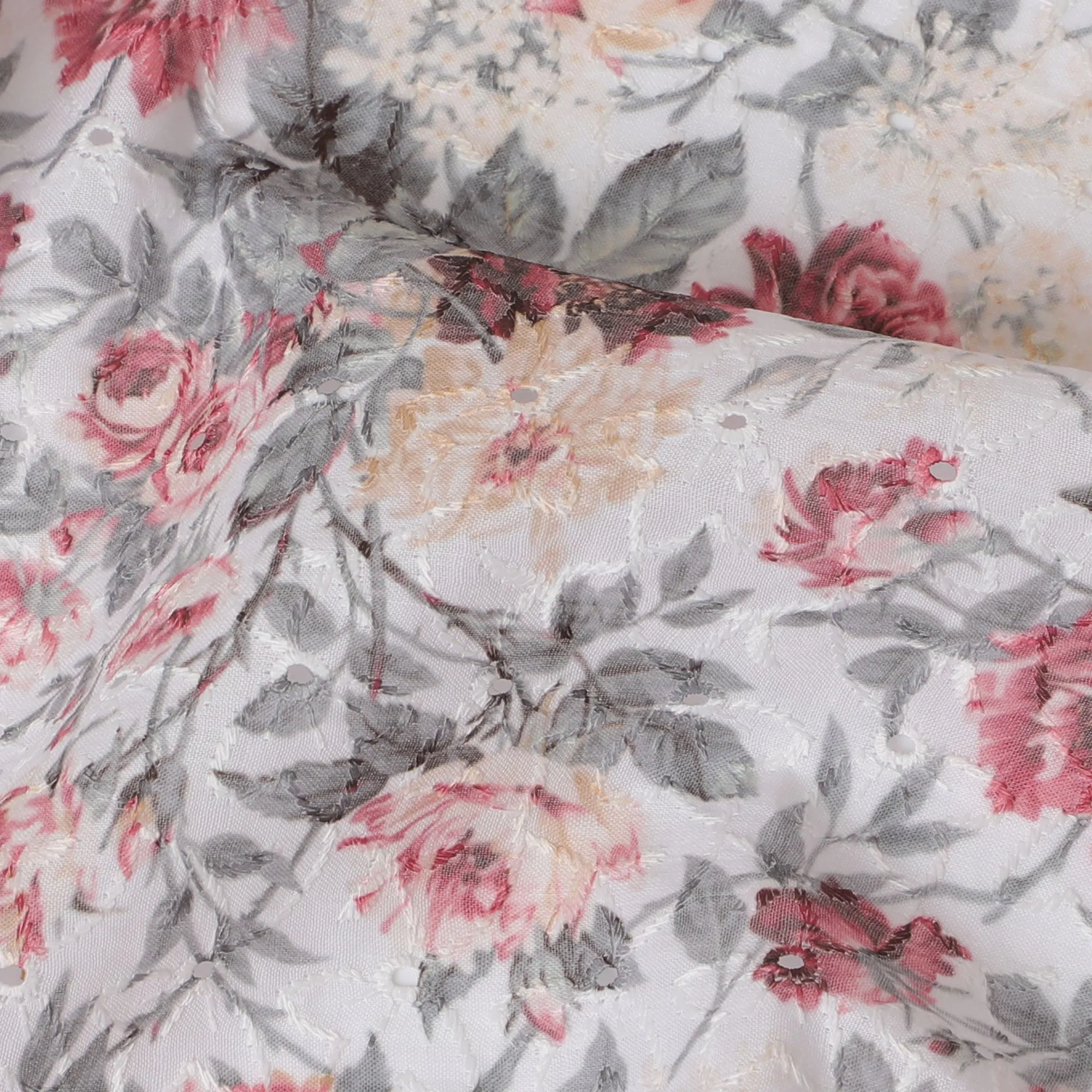 Romantic Floral blended Cotton Lawn Fabric with Embroidery - 110 cm Wide - D19600