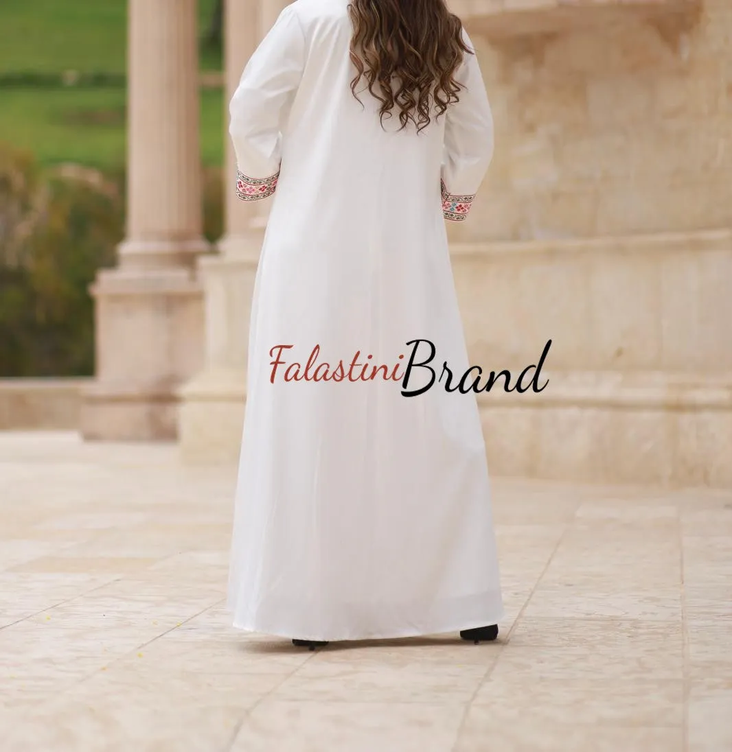 Royal White Embroidered Dress and Abaya Set with Colored Embroidery