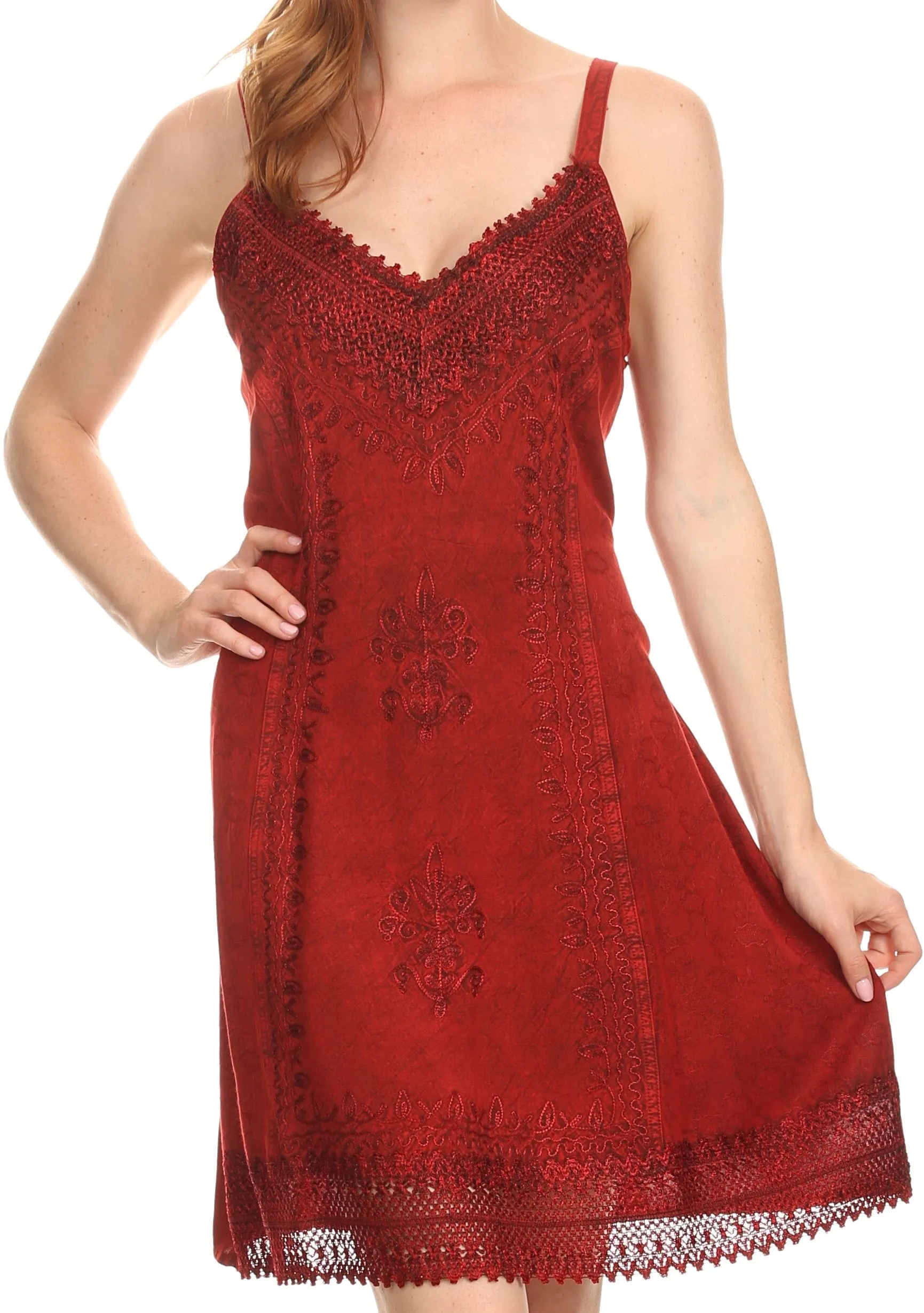 Sakkas Aliney Short Adjustable Spaghetti Strap Sleeveless Embroidered Day Dress