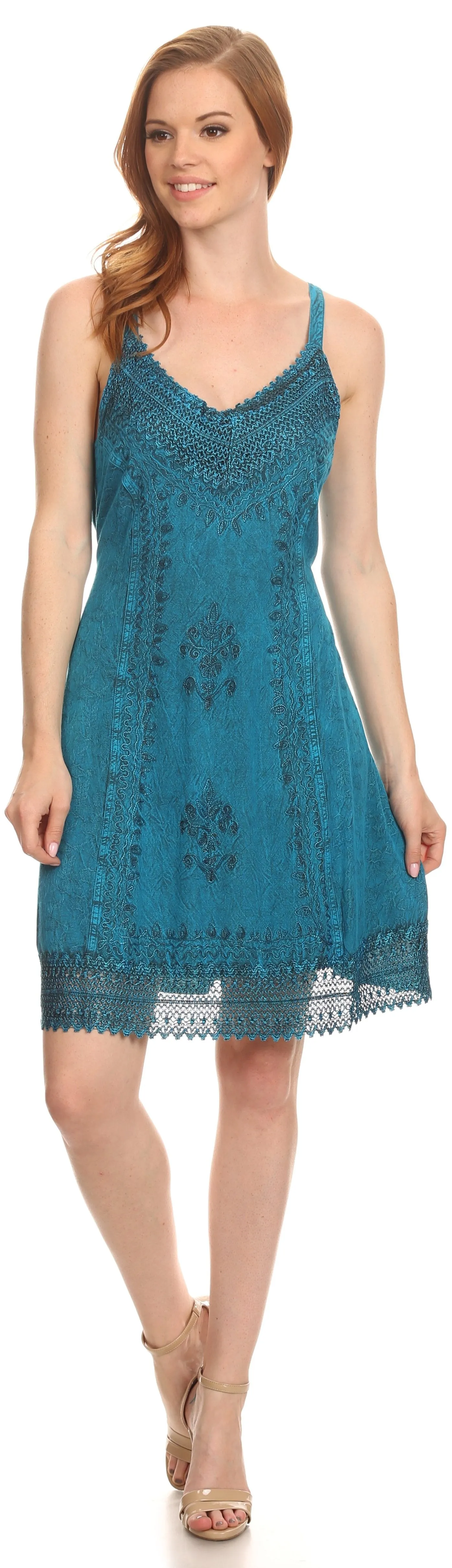 Sakkas Aliney Short Adjustable Spaghetti Strap Sleeveless Embroidered Day Dress