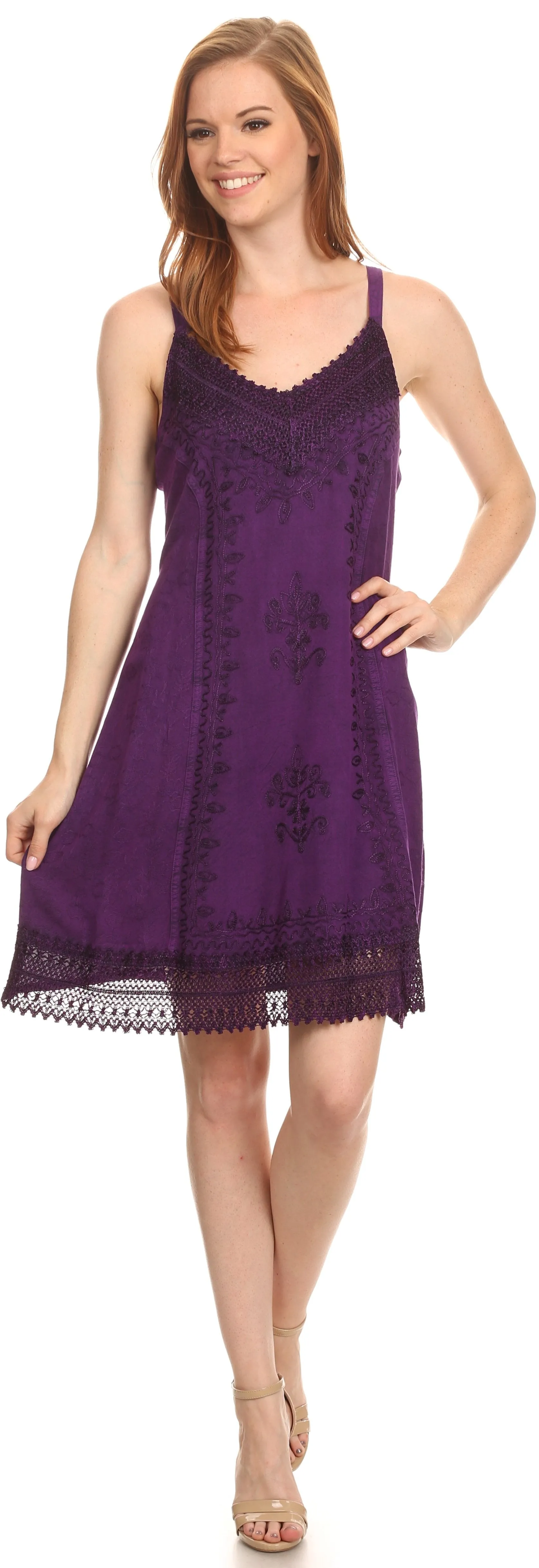 Sakkas Aliney Short Adjustable Spaghetti Strap Sleeveless Embroidered Day Dress