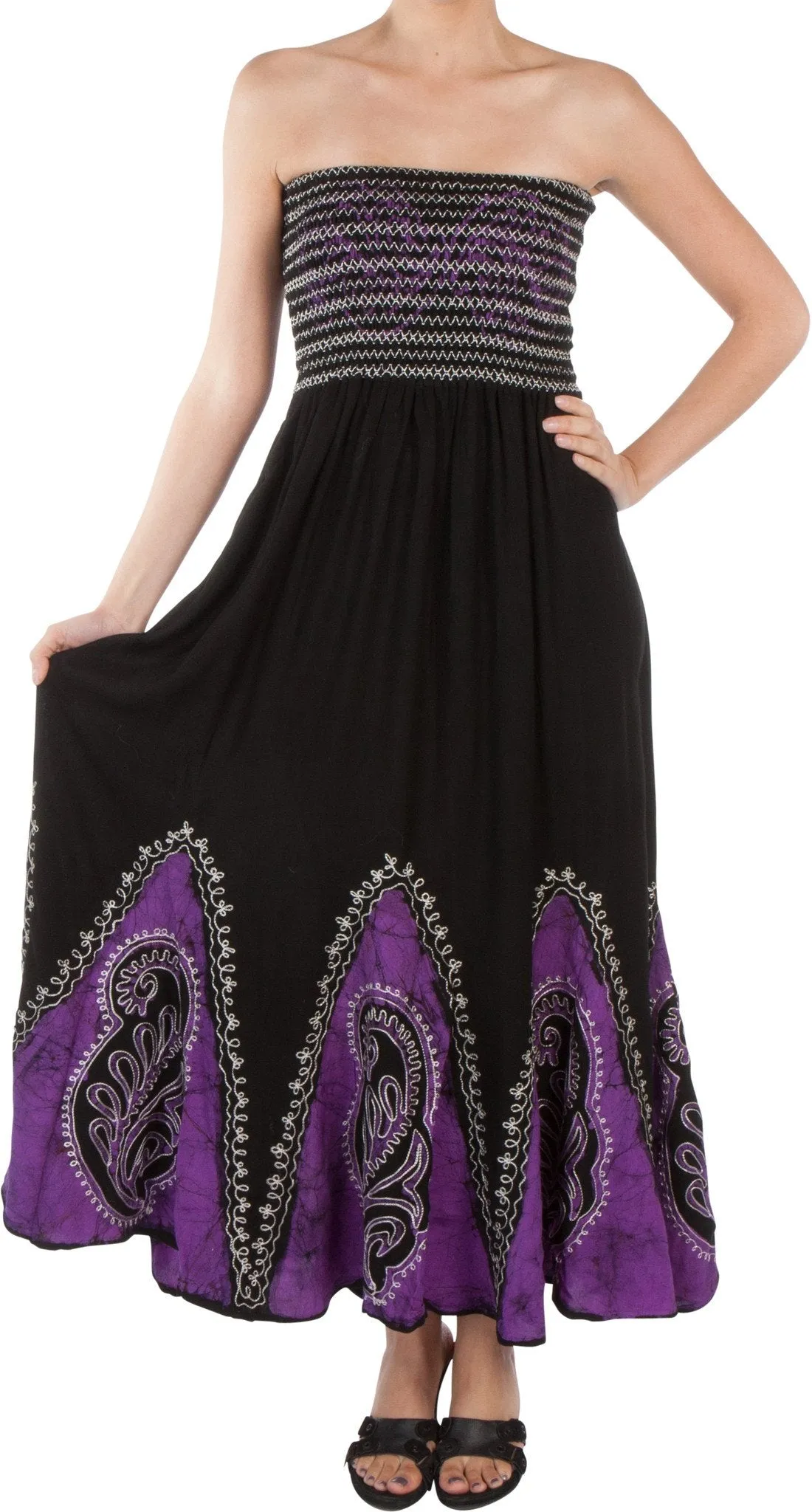 Sakkas Batik Print Embroidered Sleeveless Smocked Tube Top Long Dress