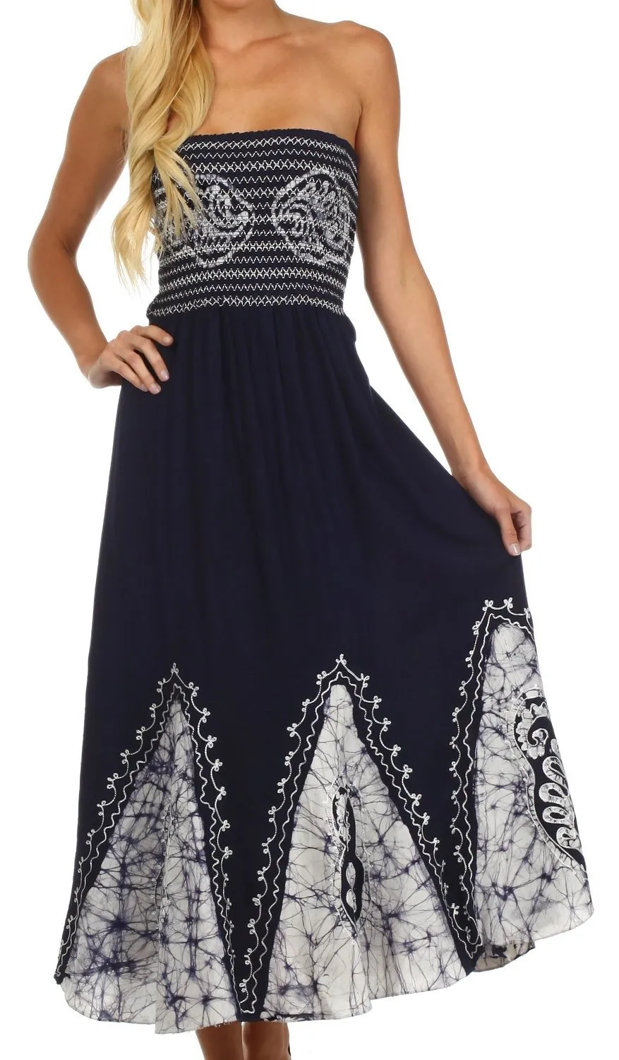 Sakkas Batik Print Embroidered Sleeveless Smocked Tube Top Long Dress