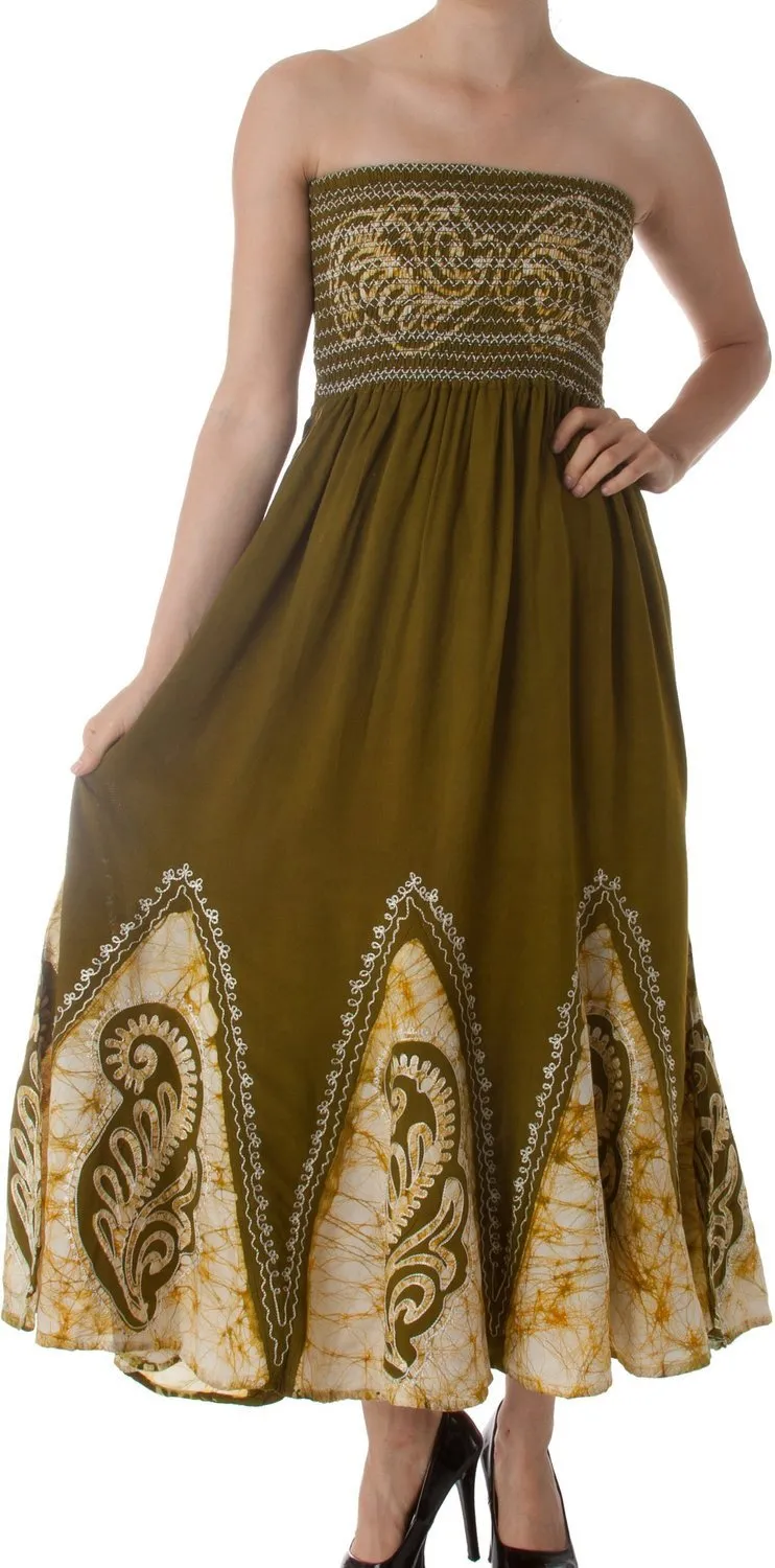 Sakkas Batik Print Embroidered Sleeveless Smocked Tube Top Long Dress