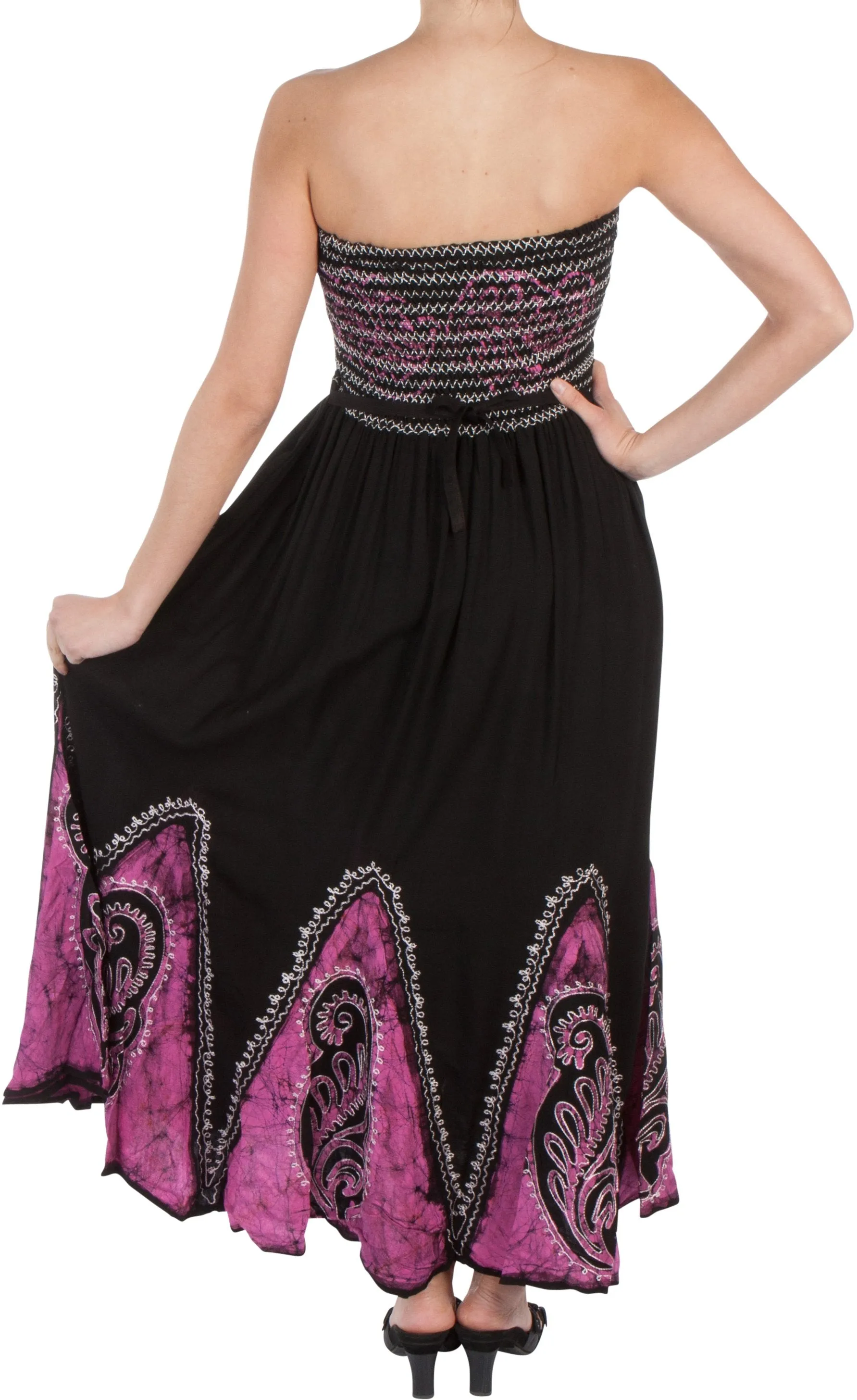 Sakkas Batik Print Embroidered Sleeveless Smocked Tube Top Long Dress