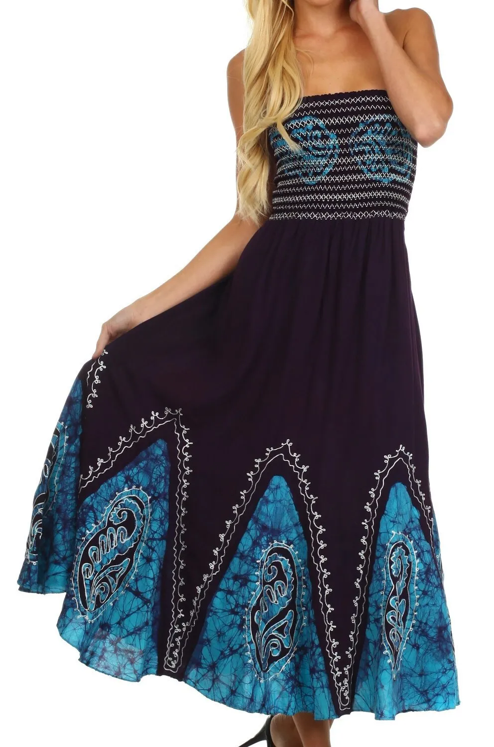 Sakkas Batik Print Embroidered Sleeveless Smocked Tube Top Long Dress