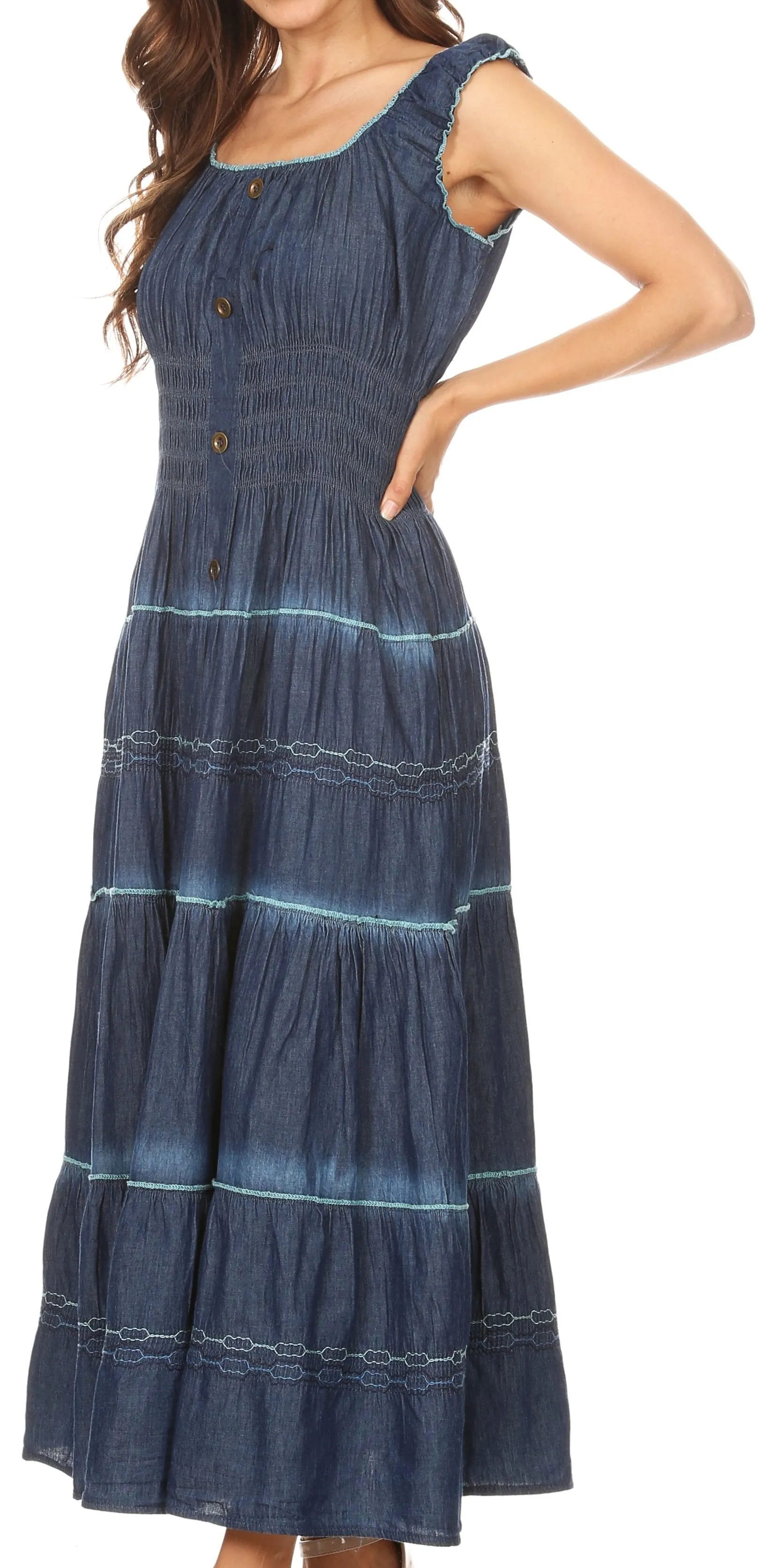 Sakkas Eva Womens Bohemiam Denim Off shoulder Dress Maxi Casual Smock Sundress