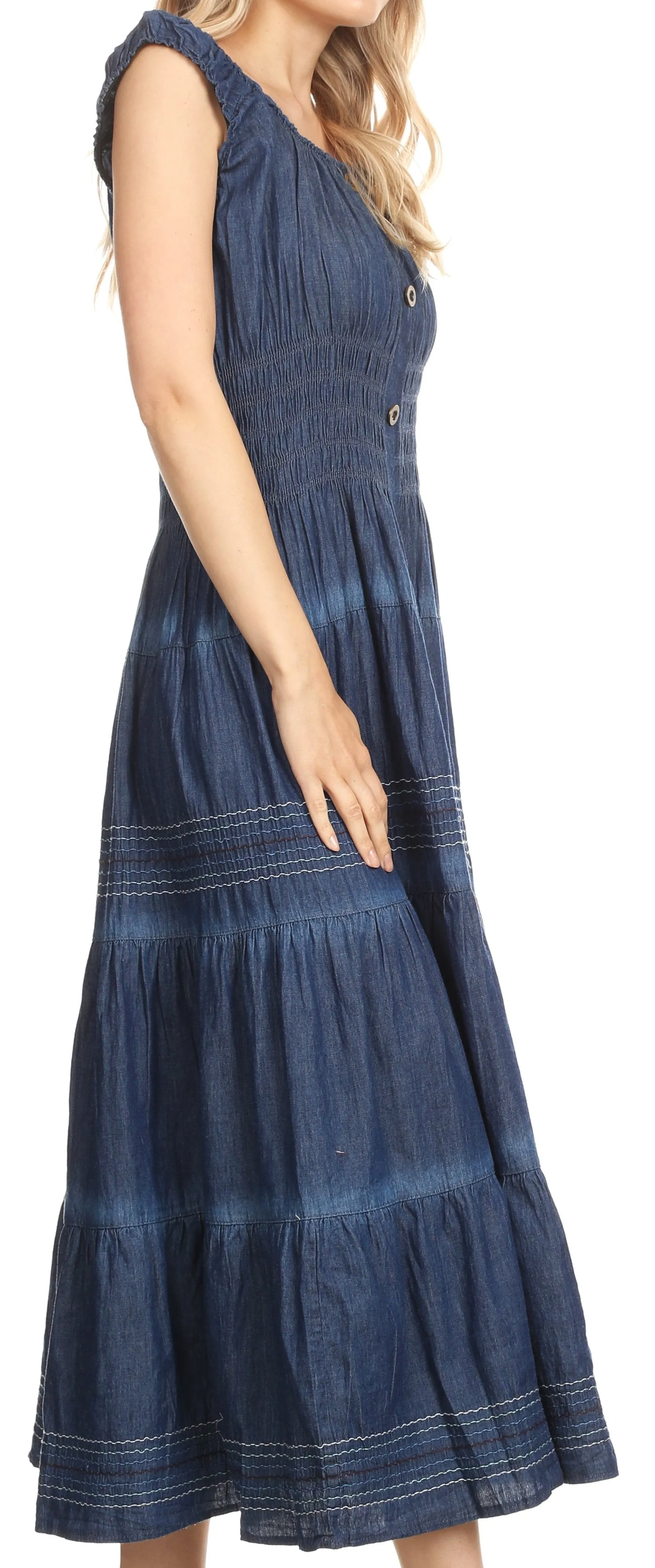 Sakkas Eva Womens Bohemiam Denim Off shoulder Dress Maxi Casual Smock Sundress