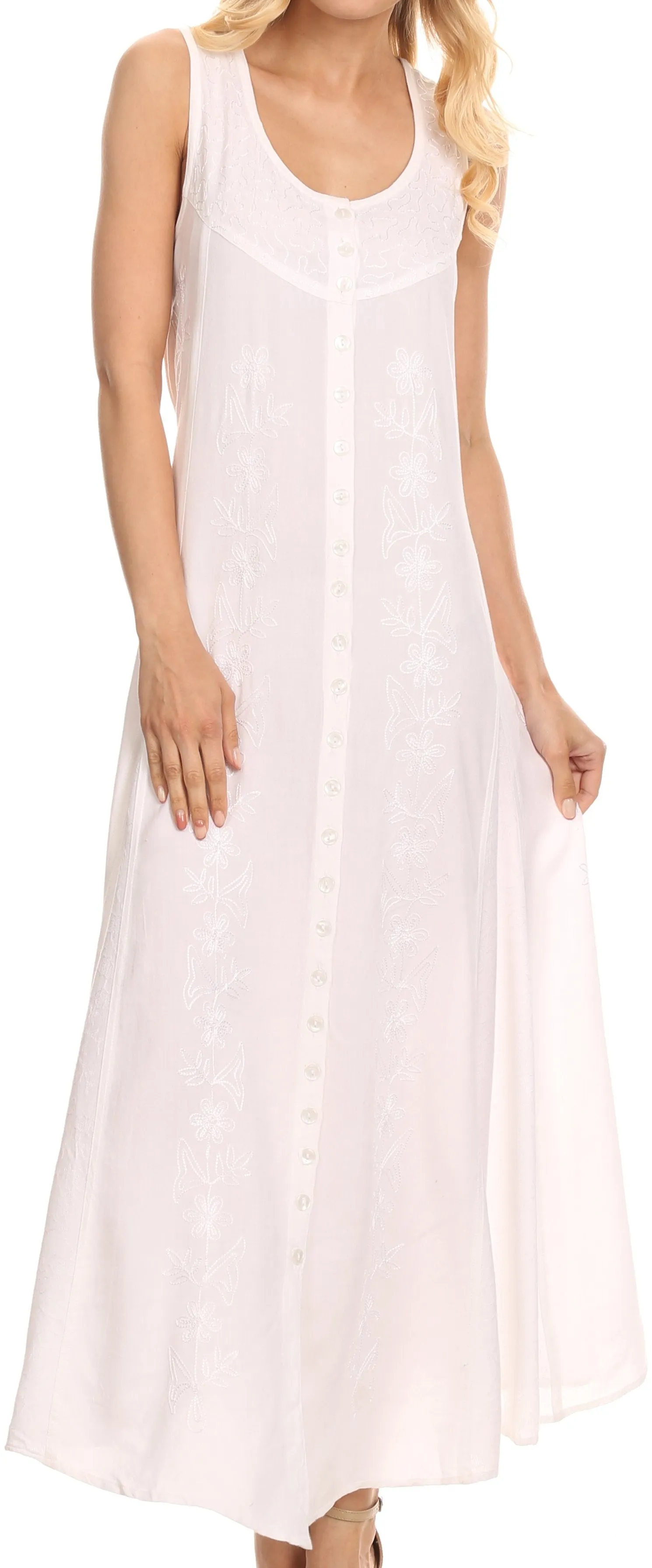 Sakkas Maya Floral Embroidered Sleeveless Button Up Rayon Dress