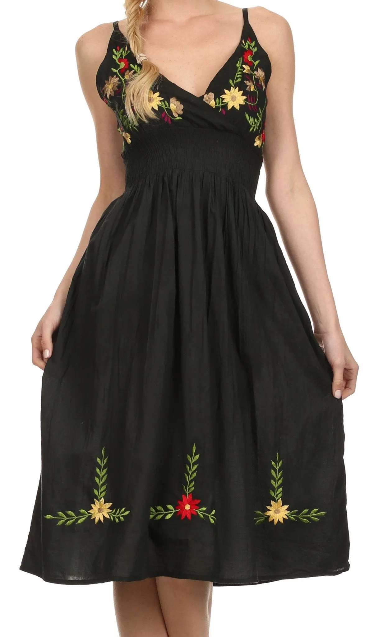 Sakkas Nancy Floral Embroidered Adjustable Spaghetti Strap Cotton Dress