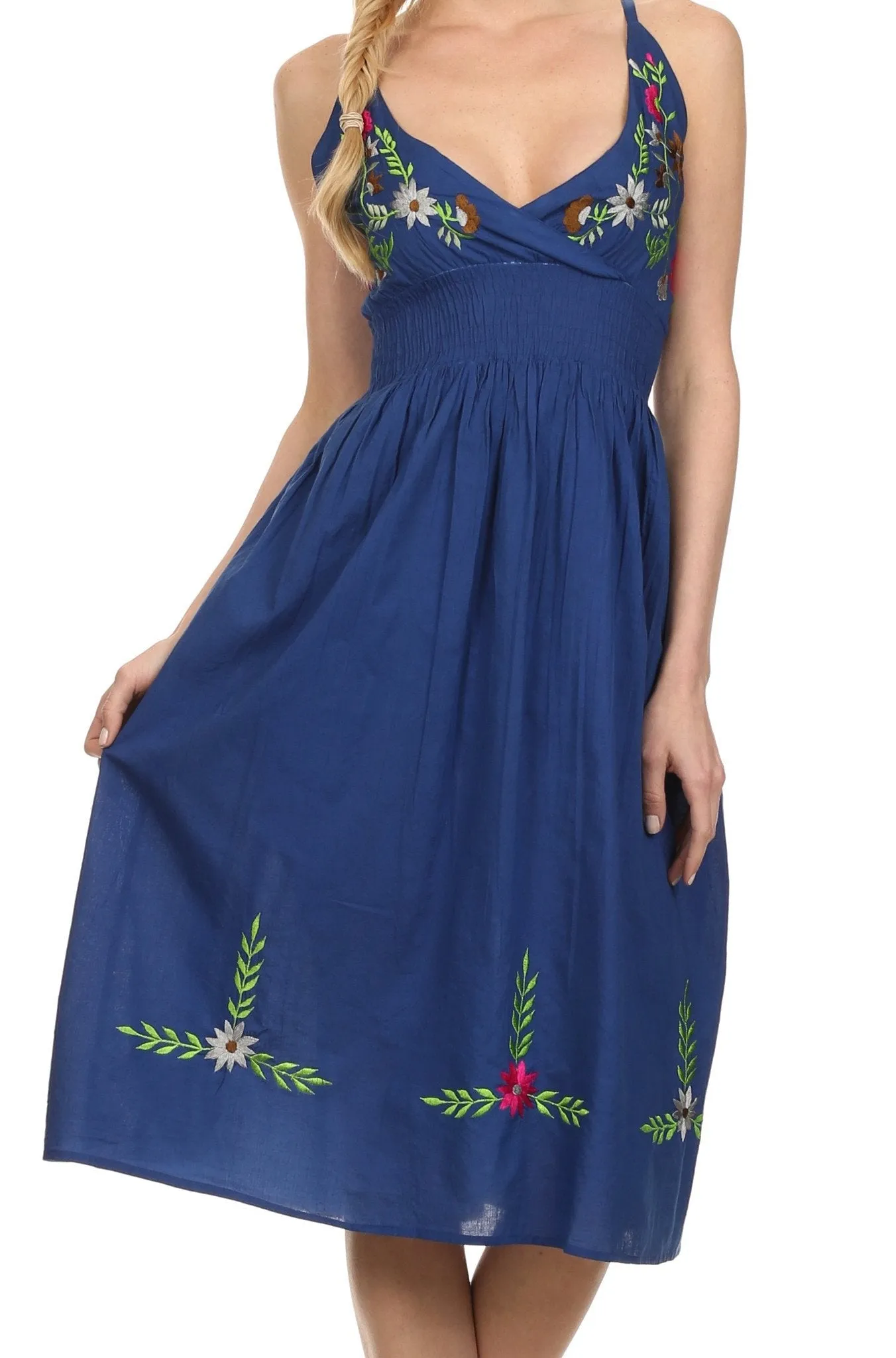 Sakkas Nancy Floral Embroidered Adjustable Spaghetti Strap Cotton Dress