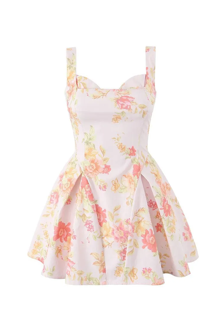 Sexy Floral Print Layere Neck Gathered Drop Waist Tulle Mini Sundress