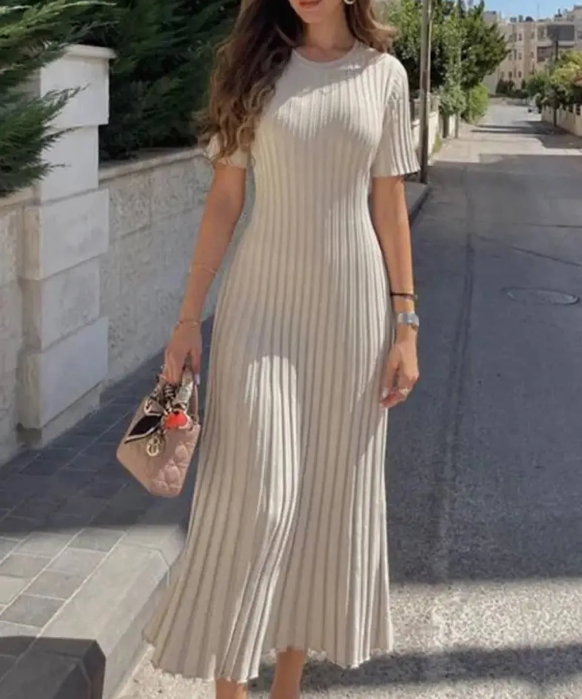 Short Sleeve Knitted Long Maxi Dress In Beige