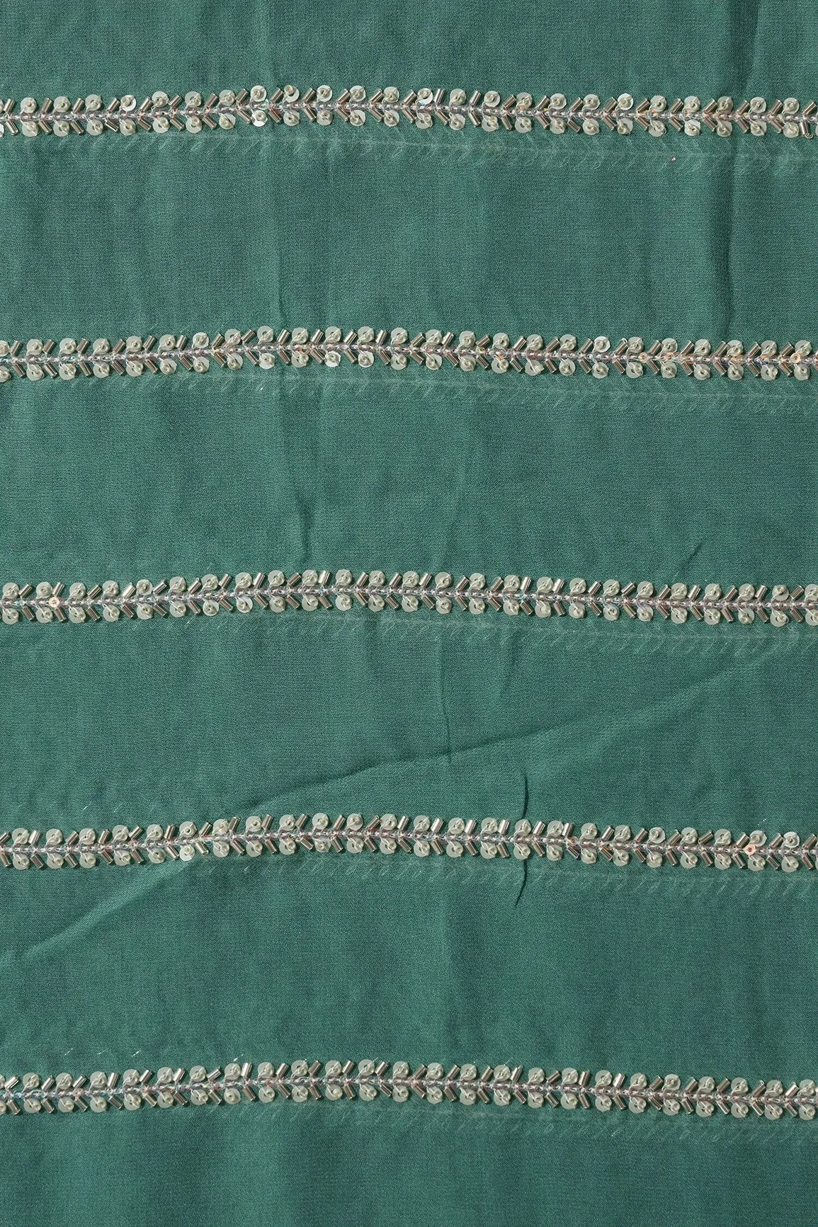 Silver Beads With Sequins Beautiful Stripes Handwork Embroidery On Teal Viscose Georgette Fabric