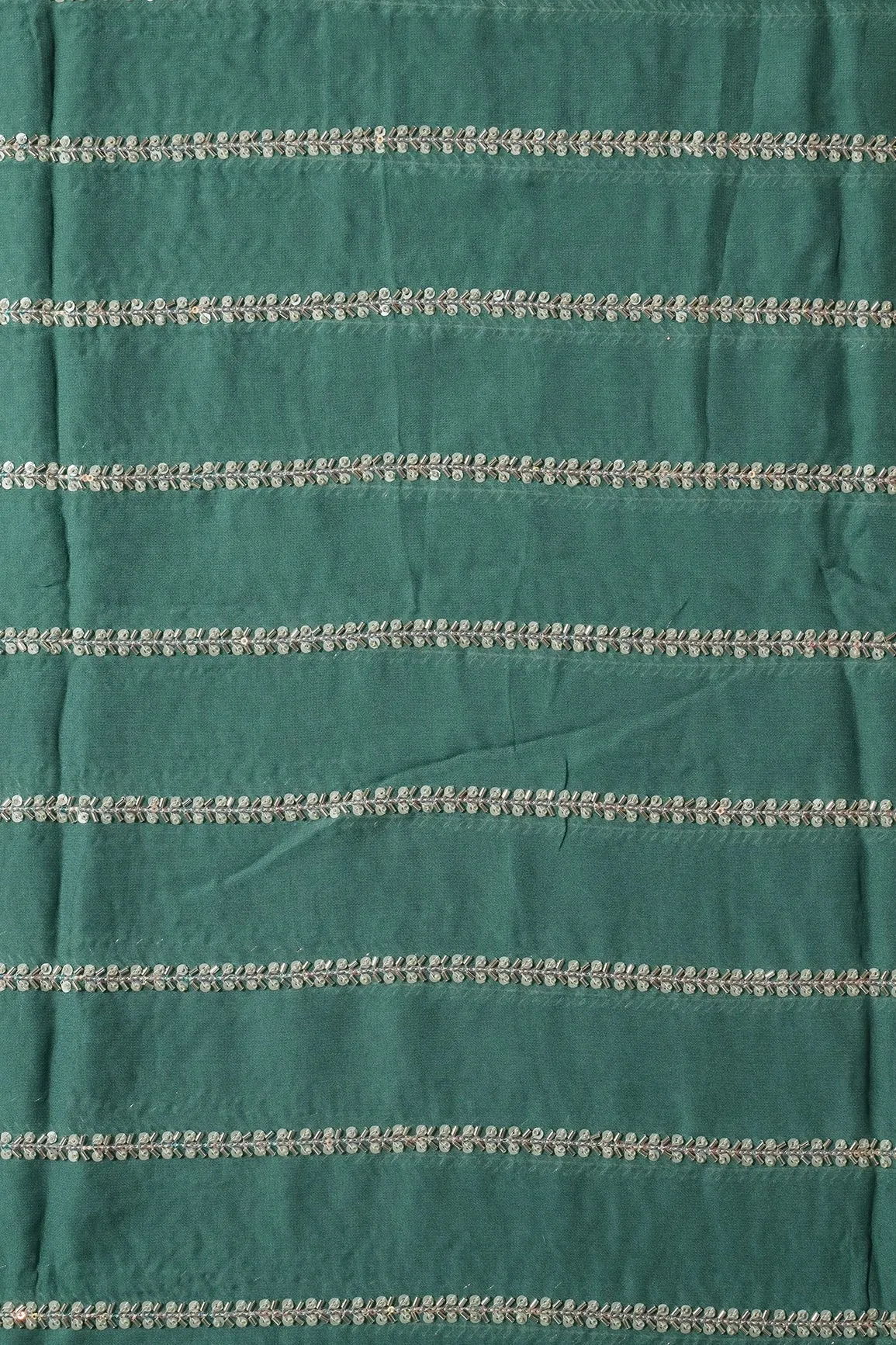 Silver Beads With Sequins Beautiful Stripes Handwork Embroidery On Teal Viscose Georgette Fabric