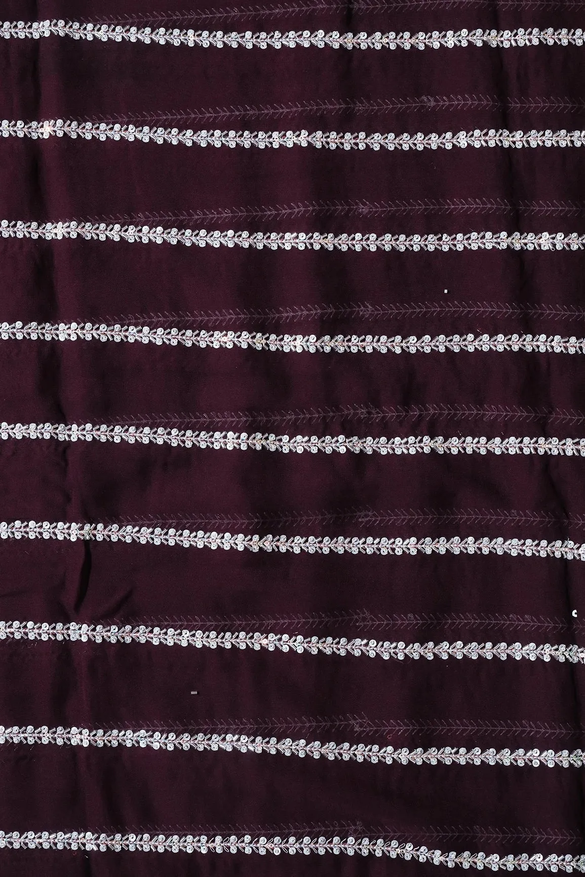 Silver Beads With Sequins Beautiful Stripes Handwork Embroidery On Wine Viscose Georgette Fabric