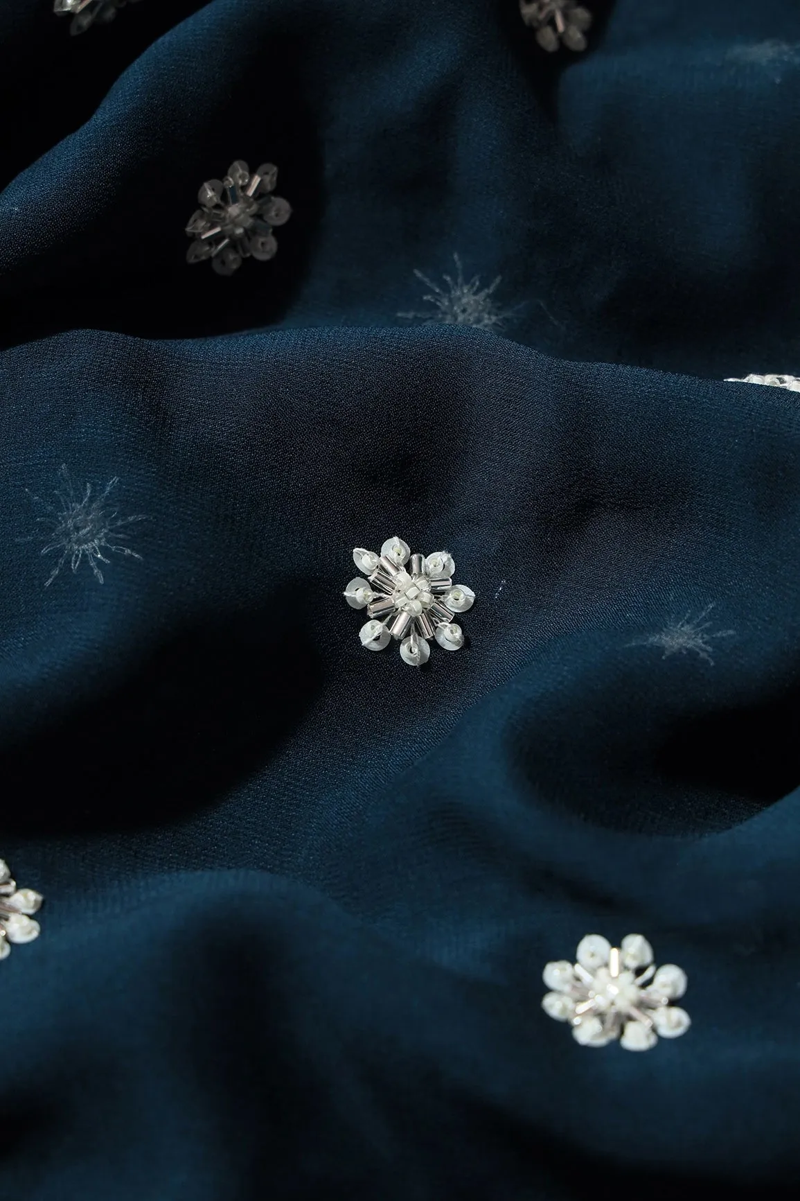 Silver Beads With Sequins Small Floral Handwork Embroidery On Prussian Blue Viscose Georgette Fabric