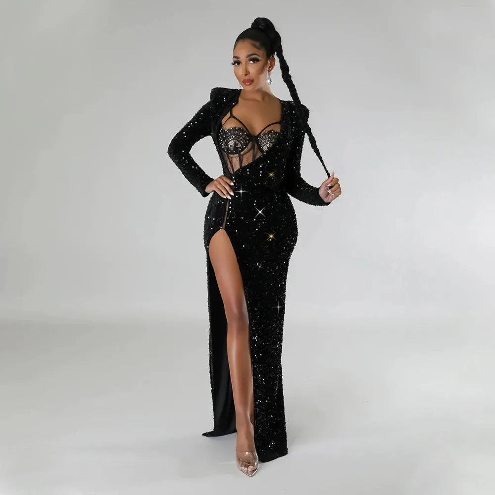 Skia's See Through Rhinestone Maxi Dress with Bodysuit Women 2pcs Glitter Bodycon Dresses