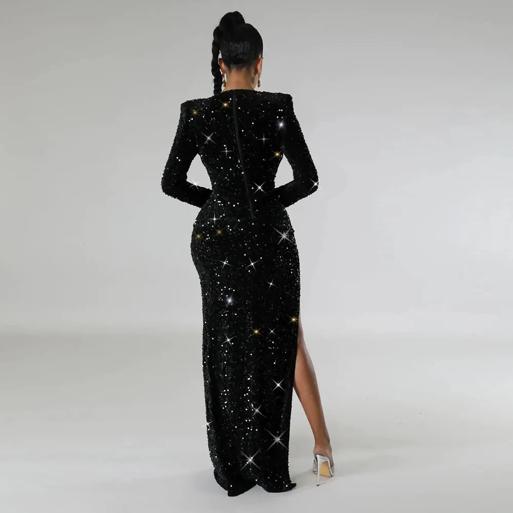 Skia's See Through Rhinestone Maxi Dress with Bodysuit Women 2pcs Glitter Bodycon Dresses