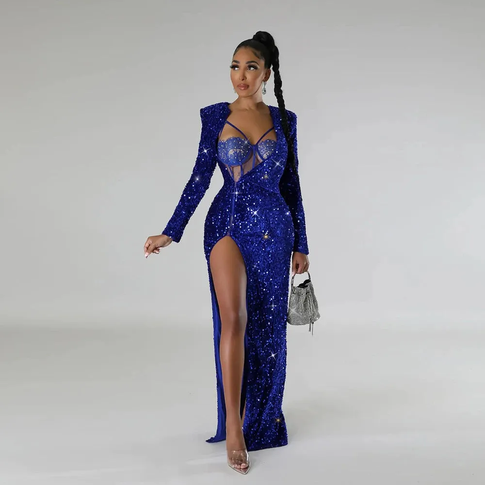 Skia's See Through Rhinestone Maxi Dress with Bodysuit Women 2pcs Glitter Bodycon Dresses