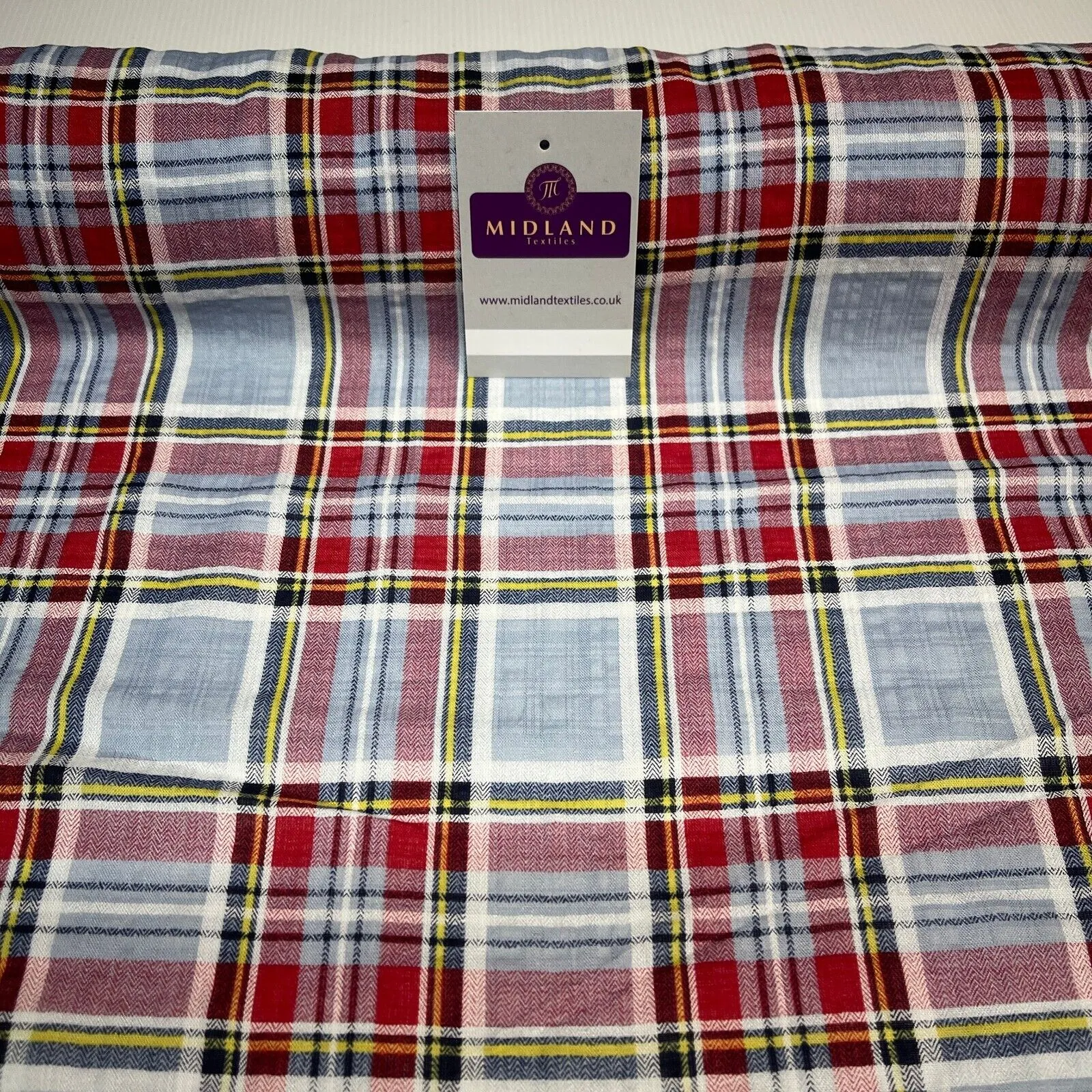 Sky Blue Red Crushed tartan check Cotton Dress fabric M1400-50 Mtex per Metre