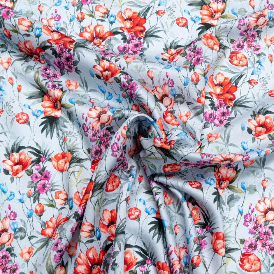 Soft Red Floral Printed Dusty Blue Luxury Cotton